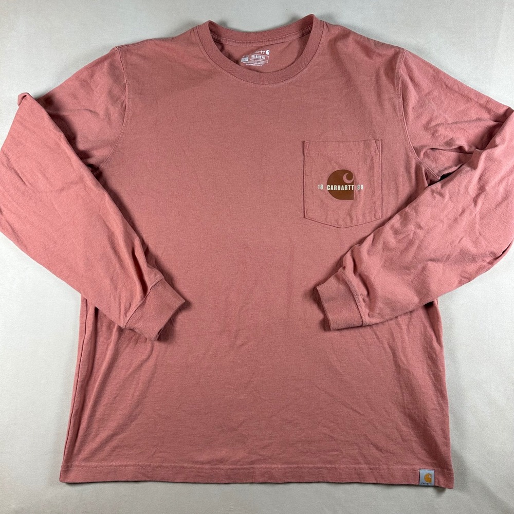 Carhartt Pocket T-Shirt Mens Large Relaxed Fit Long Sleeve Pink 1889 Graphic